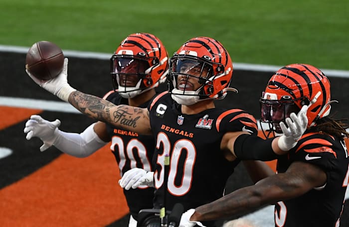 Feb 13, 2022; Inglewood, California, USA; Cincinnati Bengals cornerback Jessie Bates (30) celebrates an interception against the Los Angeles Rams in the second quarter of Super Bowl LVI at SoFi Stadium. Mandatory Credit: Gary A. Vasquez-USA TODAY Sports